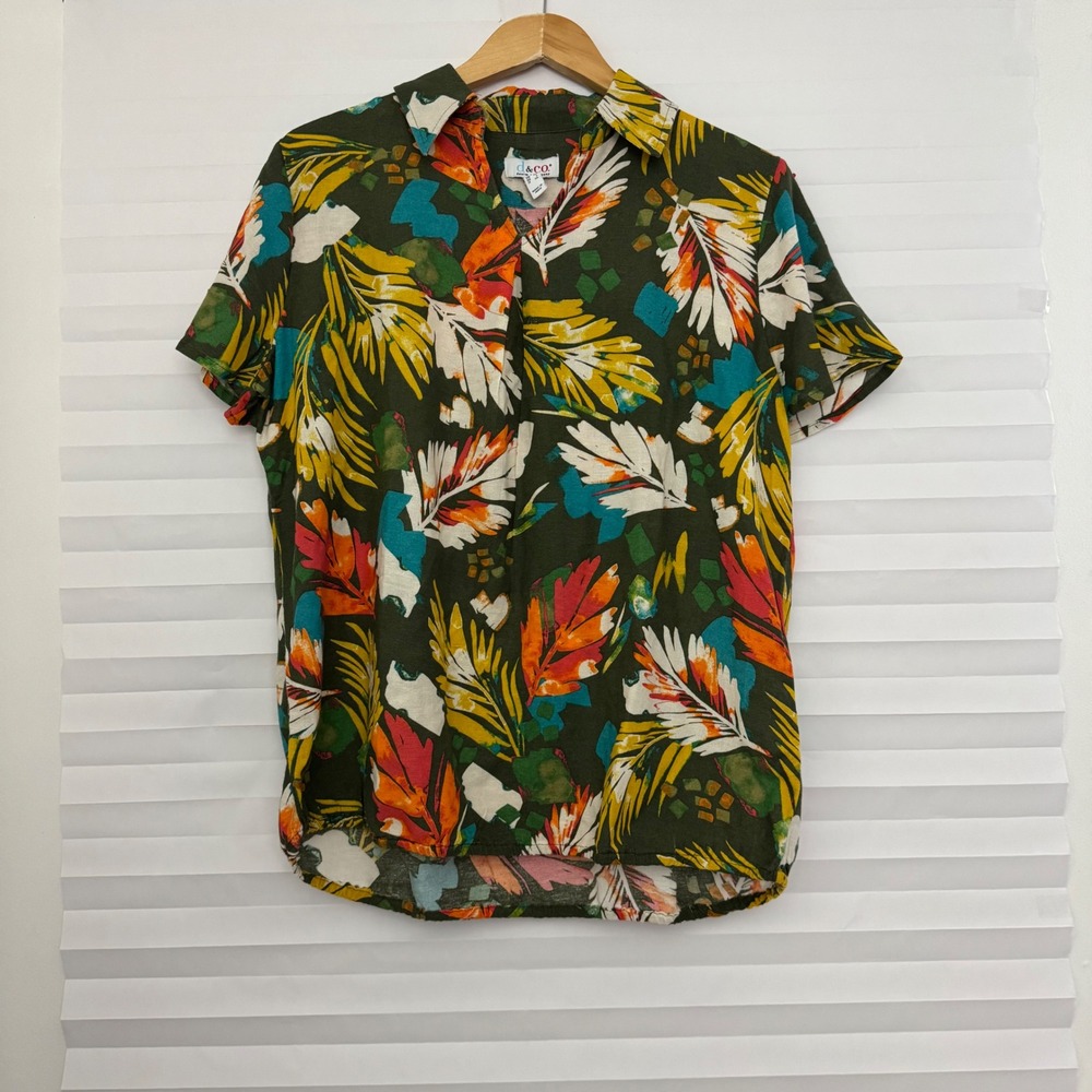 Denim & Co Tropical Palm Print Linen Blend V-Neck Top Olive Green L Vacation
